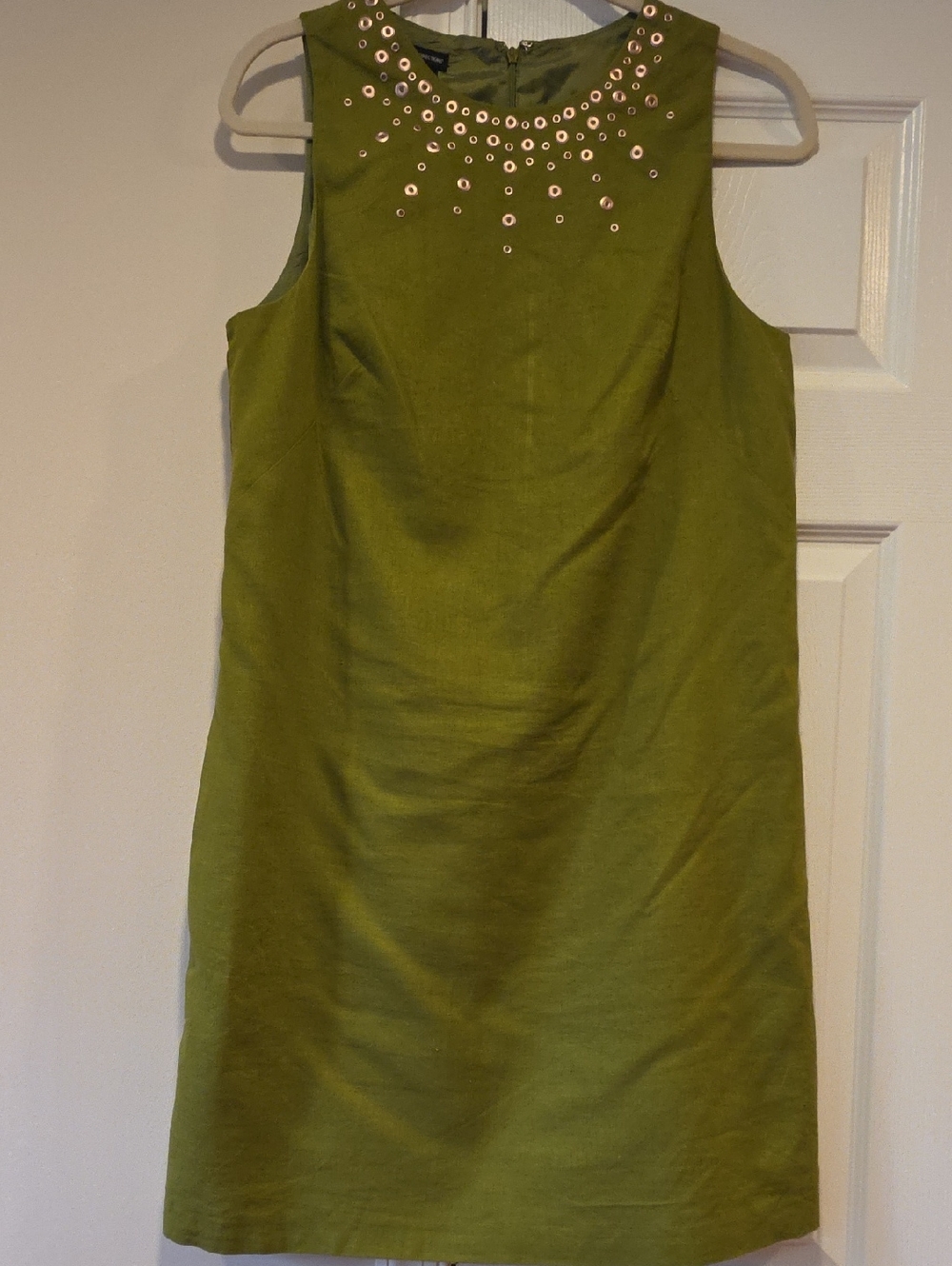 Avocado green sleeveless linen dress with gold detail, New Directions